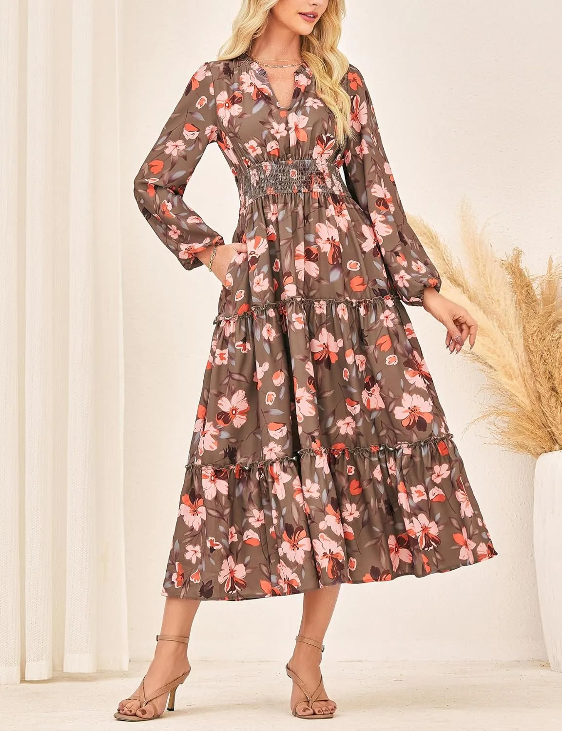 GRACE KARIN Women's Floral Maxi Dress Long Sleeve V Neck Casual A Line Spring Fall Winter Flowy Tiered Dresses with Pockets