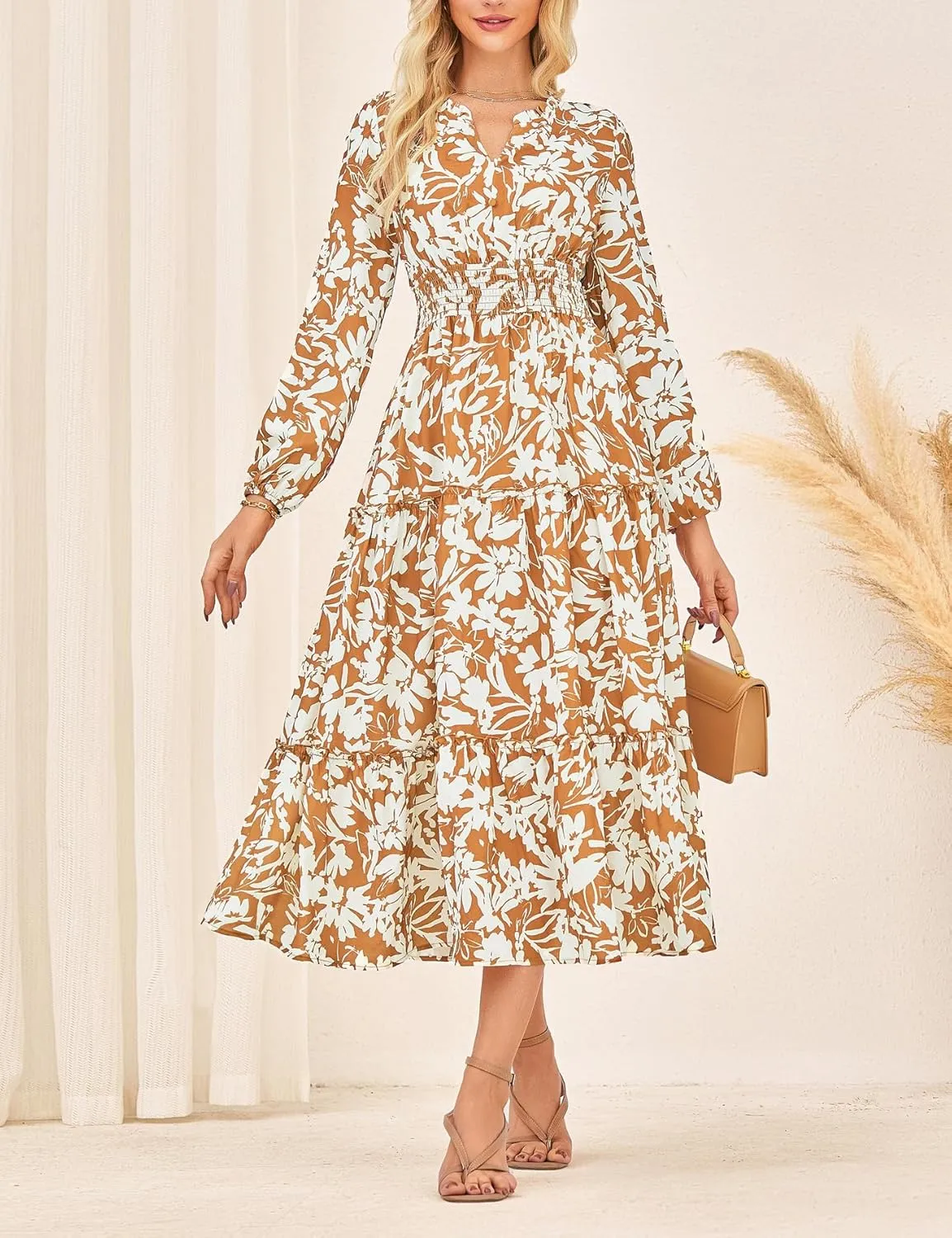 GRACE KARIN Women's Floral Maxi Dress Long Sleeve V Neck Casual A Line Spring Fall Winter Flowy Tiered Dresses with Pockets