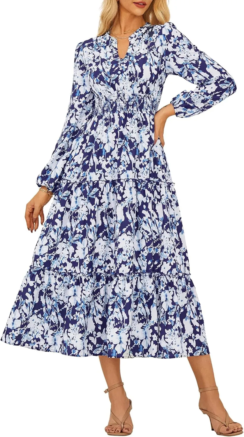 GRACE KARIN Women's Floral Maxi Dress Long Sleeve V Neck Casual A Line Spring Fall Winter Flowy Tiered Dresses with Pockets