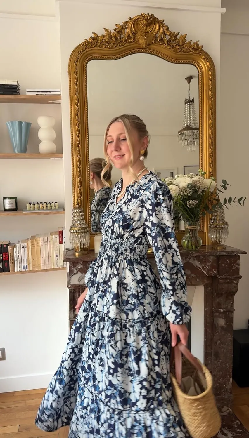 GRACE KARIN Women's Floral Maxi Dress Long Sleeve V Neck Casual A Line Spring Fall Winter Flowy Tiered Dresses with Pockets