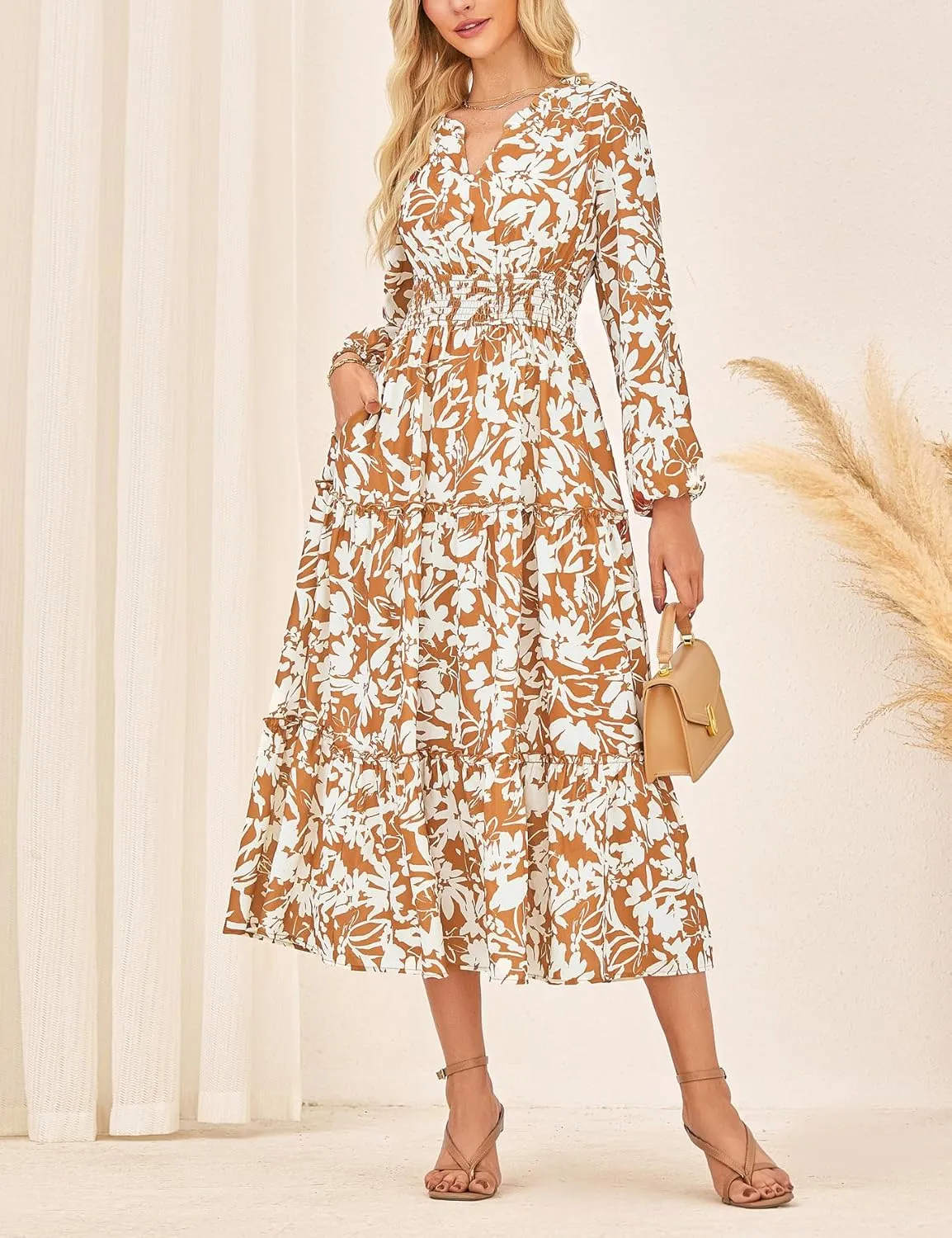 GRACE KARIN Women's Floral Maxi Dress Long Sleeve V Neck Casual A Line Spring Fall Winter Flowy Tiered Dresses with Pockets