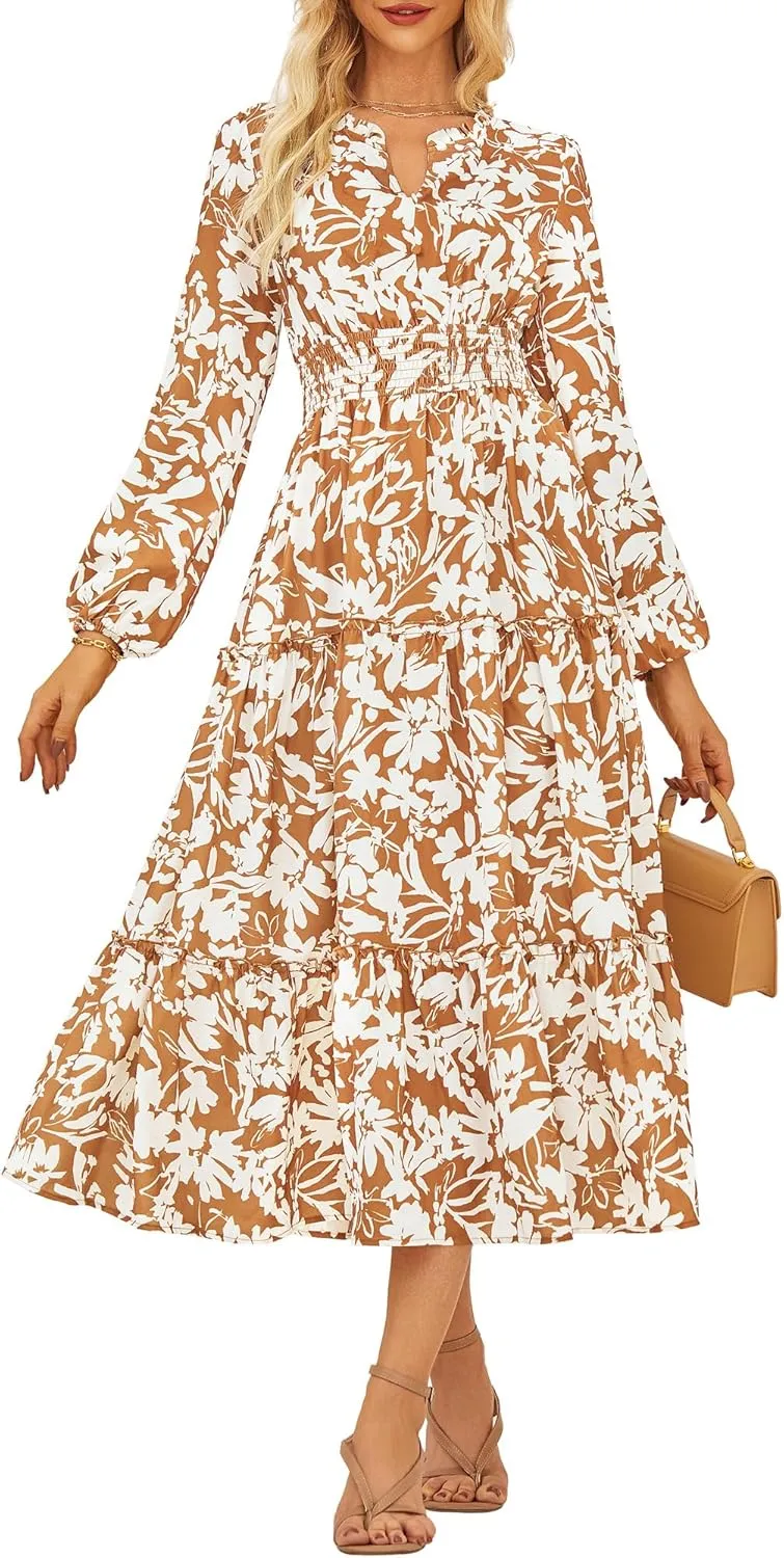 GRACE KARIN Women's Floral Maxi Dress Long Sleeve V Neck Casual A Line Spring Fall Winter Flowy Tiered Dresses with Pockets