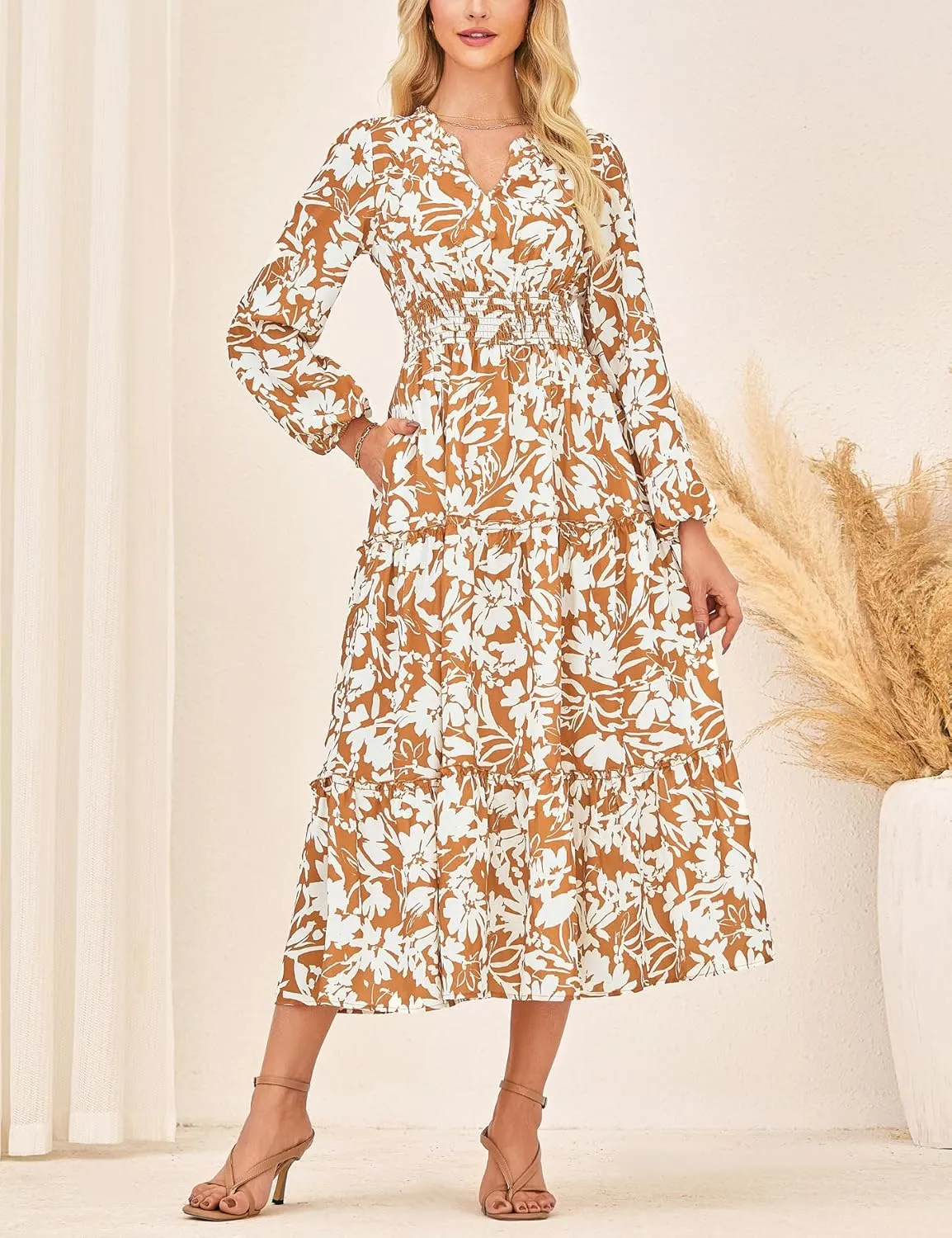 GRACE KARIN Women's Floral Maxi Dress Long Sleeve V Neck Casual A Line Spring Fall Winter Flowy Tiered Dresses with Pockets