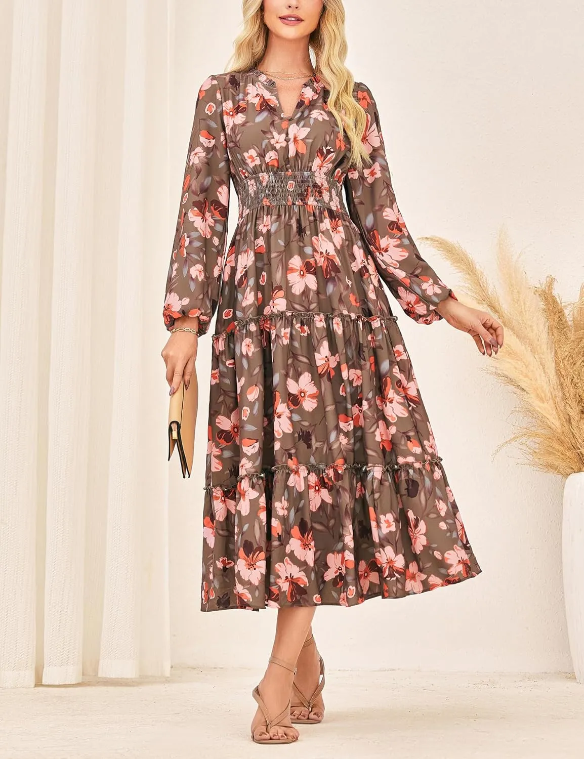 GRACE KARIN Women's Floral Maxi Dress Long Sleeve V Neck Casual A Line Spring Fall Winter Flowy Tiered Dresses with Pockets