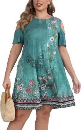 HBEYYTO Women Plus Size Dresses Cold Shoulder Short Sleeve Casual Loose T-Shirt Swing Dress with Pockets