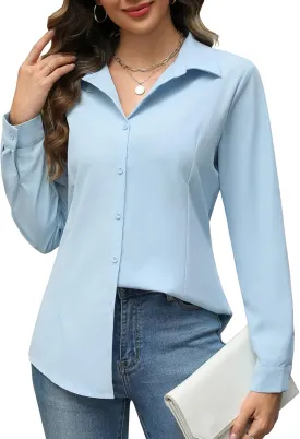 HOTOUCH Womens Button Down Shirts Long Sleeve Dress Shirt Slim Fit Collared Tops Casual Work Office Blouse S-XXL