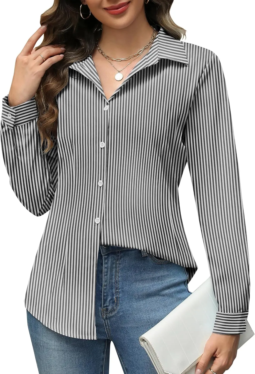 HOTOUCH Womens Button Down Shirts Long Sleeve Dress Shirt Slim Fit Collared Tops Casual Work Office Blouse S-XXL