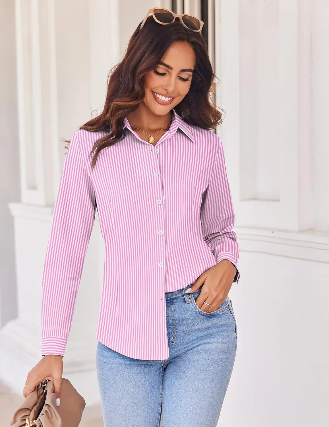 HOTOUCH Womens Button Down Shirts Long Sleeve Dress Shirt Slim Fit Collared Tops Casual Work Office Blouse S-XXL
