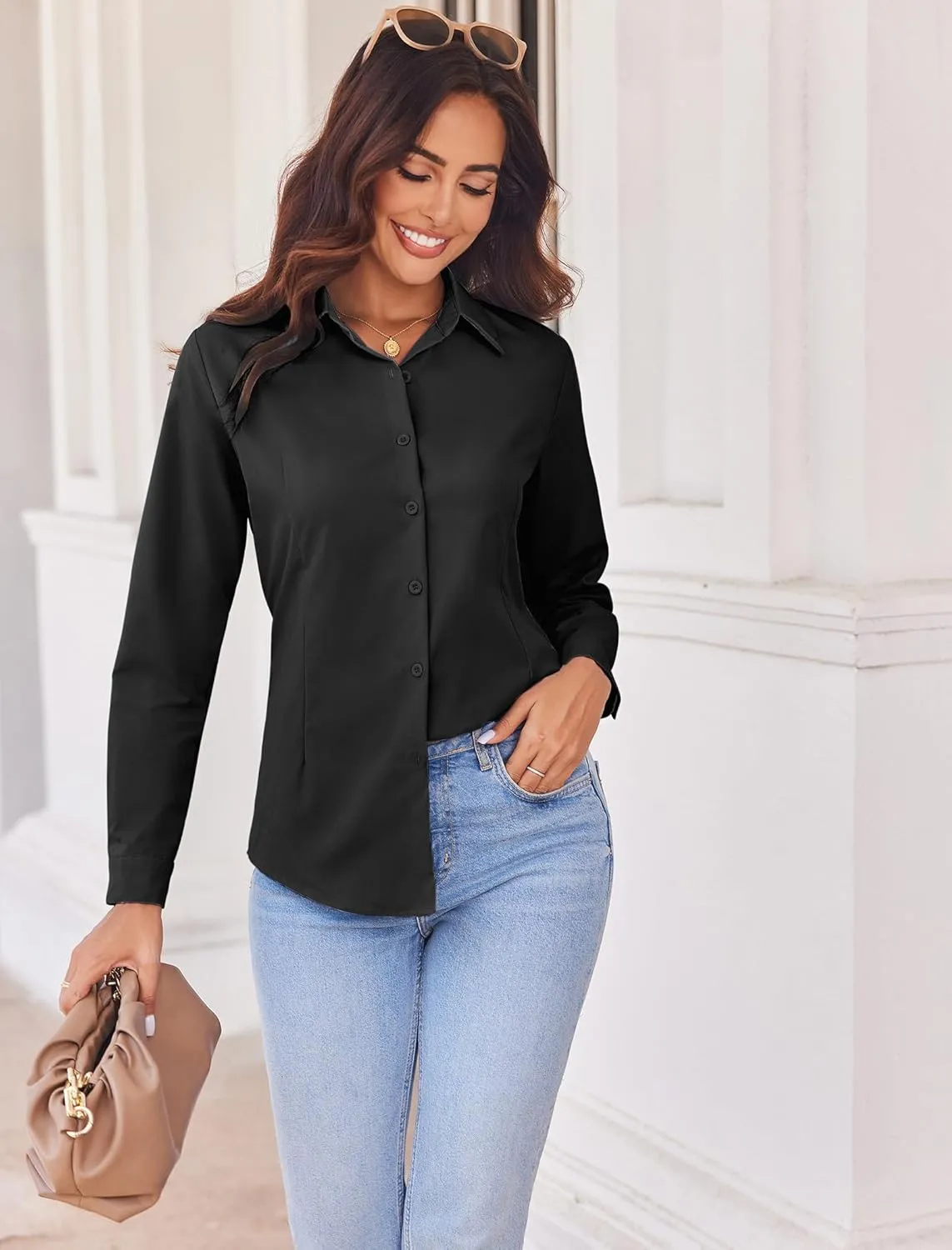 HOTOUCH Womens Button Down Shirts Long Sleeve Dress Shirt Slim Fit Collared Tops Casual Work Office Blouse S-XXL