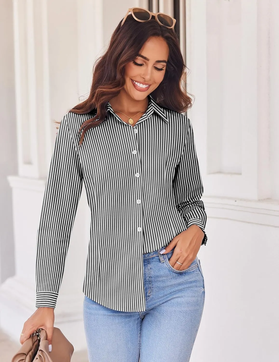 HOTOUCH Womens Button Down Shirts Long Sleeve Dress Shirt Slim Fit Collared Tops Casual Work Office Blouse S-XXL
