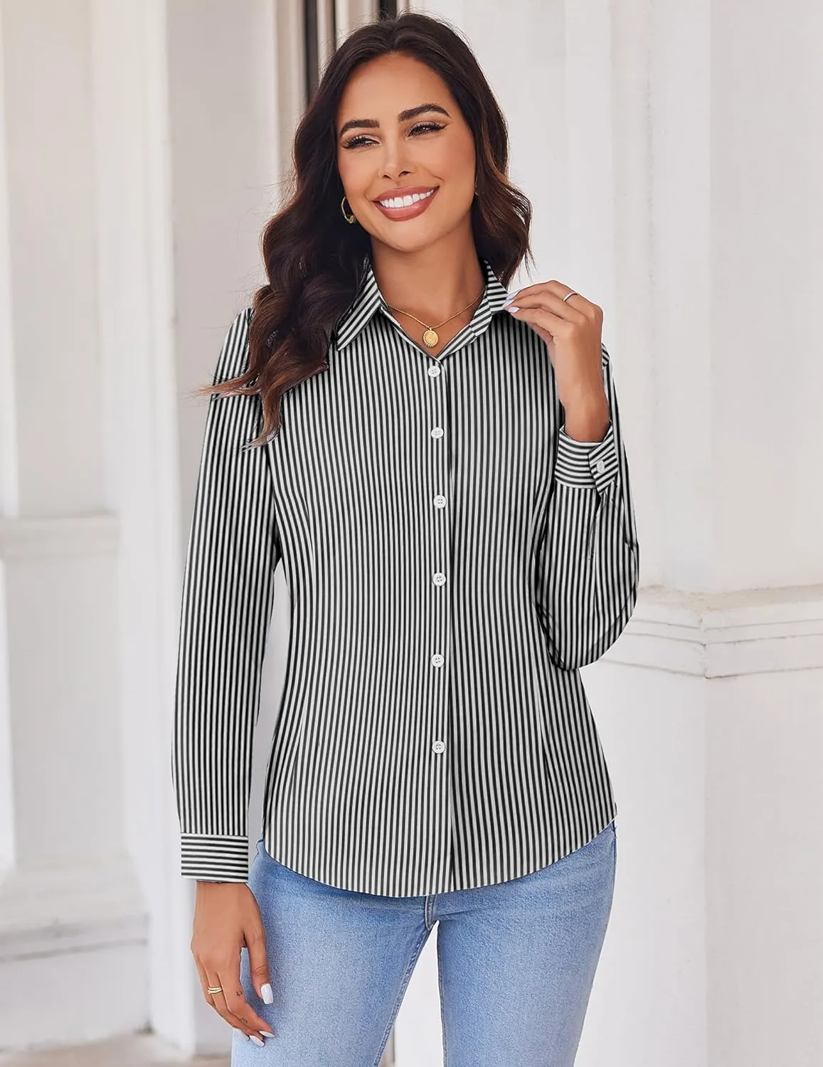 HOTOUCH Womens Button Down Shirts Long Sleeve Dress Shirt Slim Fit Collared Tops Casual Work Office Blouse S-XXL