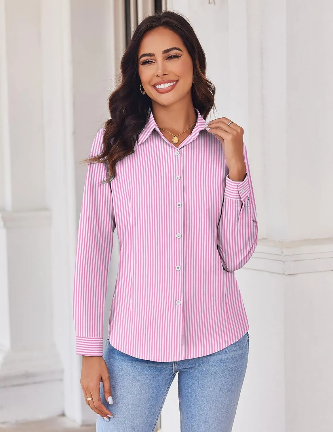 HOTOUCH Womens Button Down Shirts Long Sleeve Dress Shirt Slim Fit Collared Tops Casual Work Office Blouse S-XXL