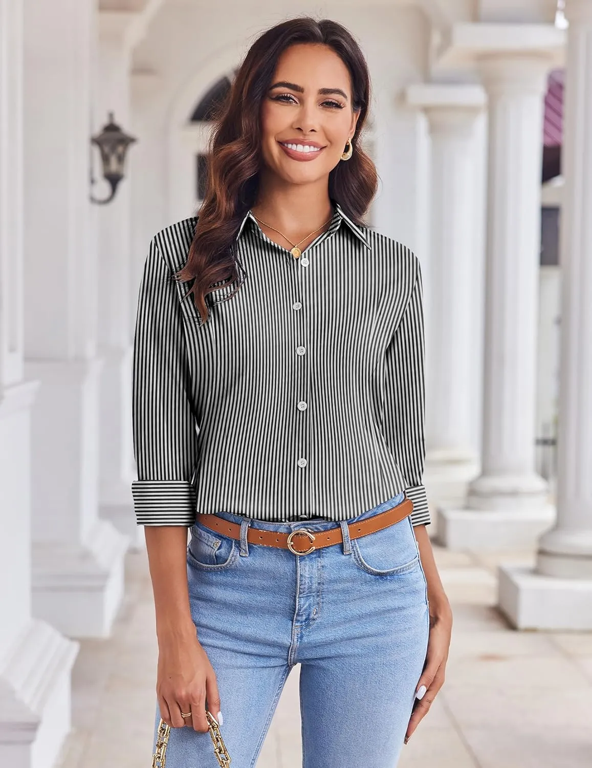 HOTOUCH Womens Button Down Shirts Long Sleeve Dress Shirt Slim Fit Collared Tops Casual Work Office Blouse S-XXL
