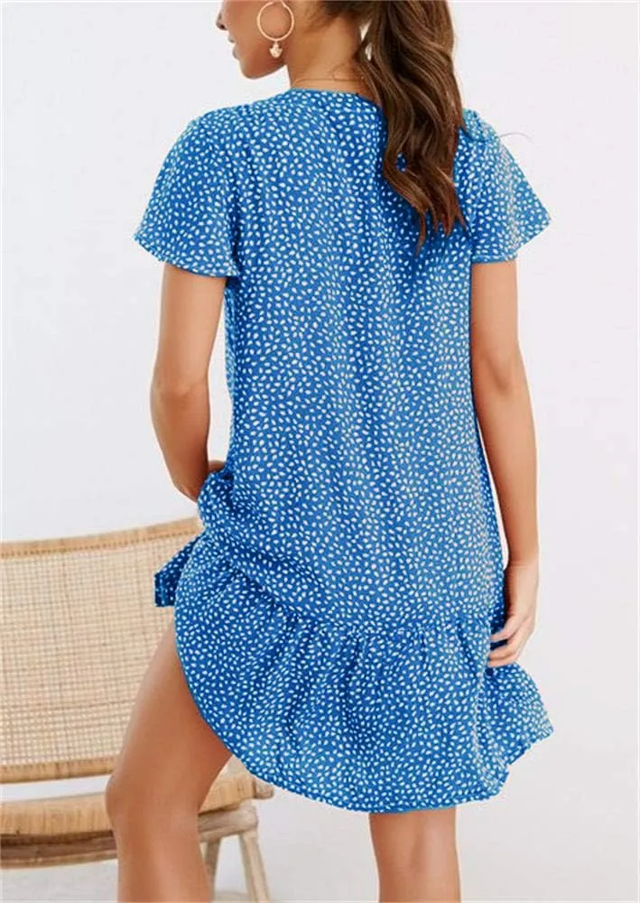 Imysty Womens Polka Dot V Neck Button Down Ruffles Loose Mini Short T-Shirt Dress