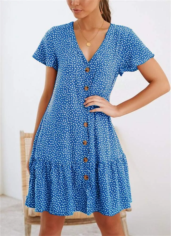 Imysty Womens Polka Dot V Neck Button Down Ruffles Loose Mini Short T-Shirt Dress