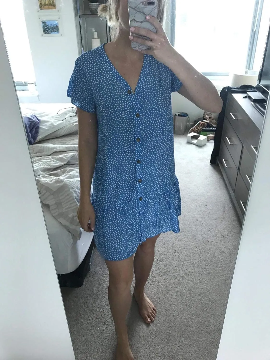 Imysty Womens Polka Dot V Neck Button Down Ruffles Loose Mini Short T-Shirt Dress