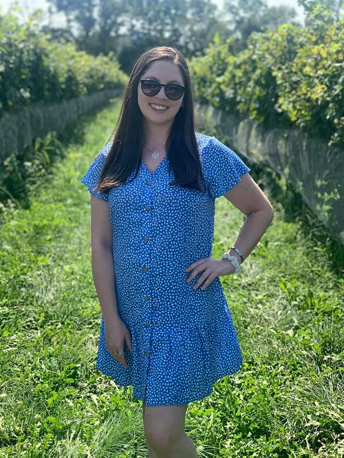 Imysty Womens Polka Dot V Neck Button Down Ruffles Loose Mini Short T-Shirt Dress