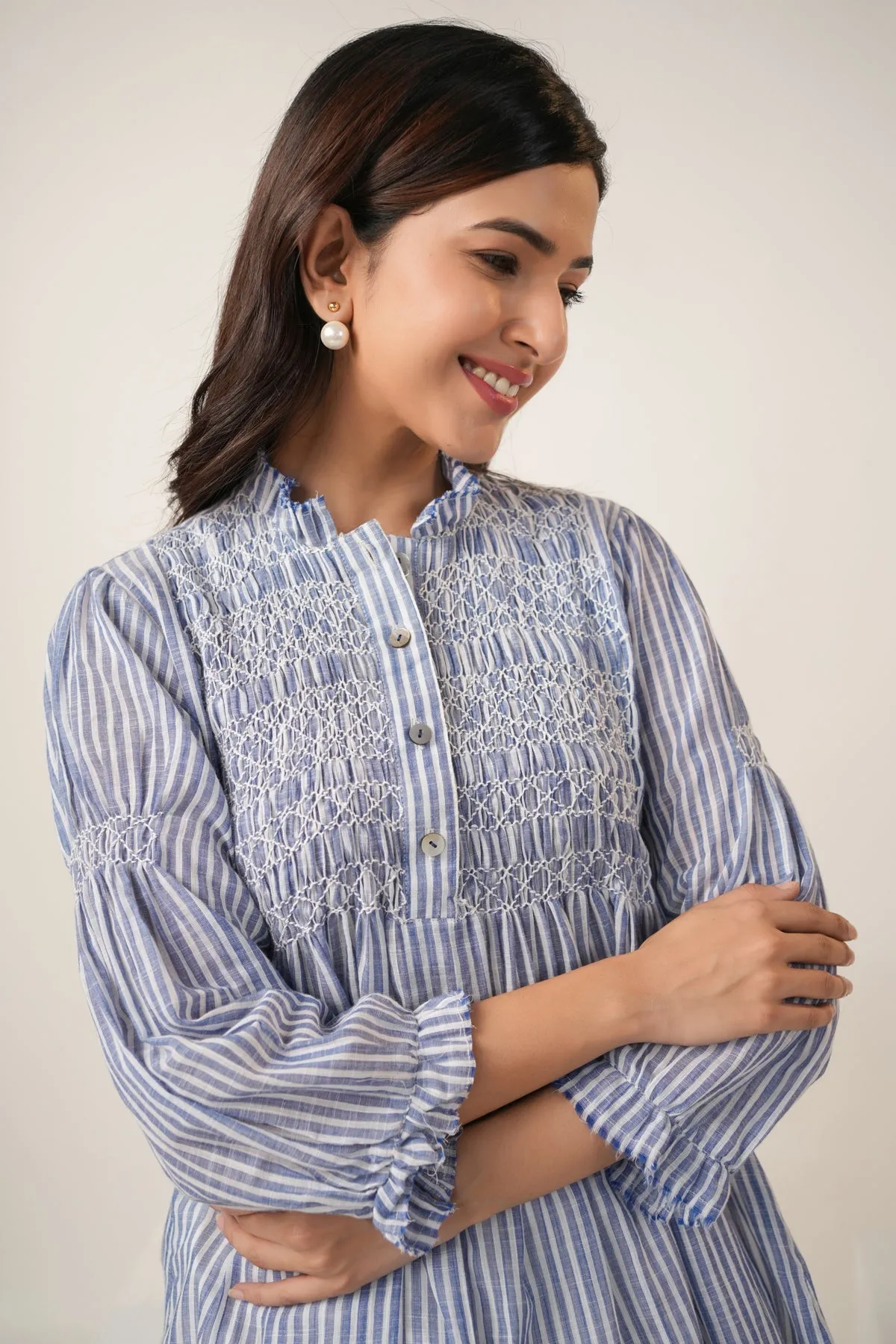 Jacki Blue Cotton Pintucks Detailing Stripes Shirt Only