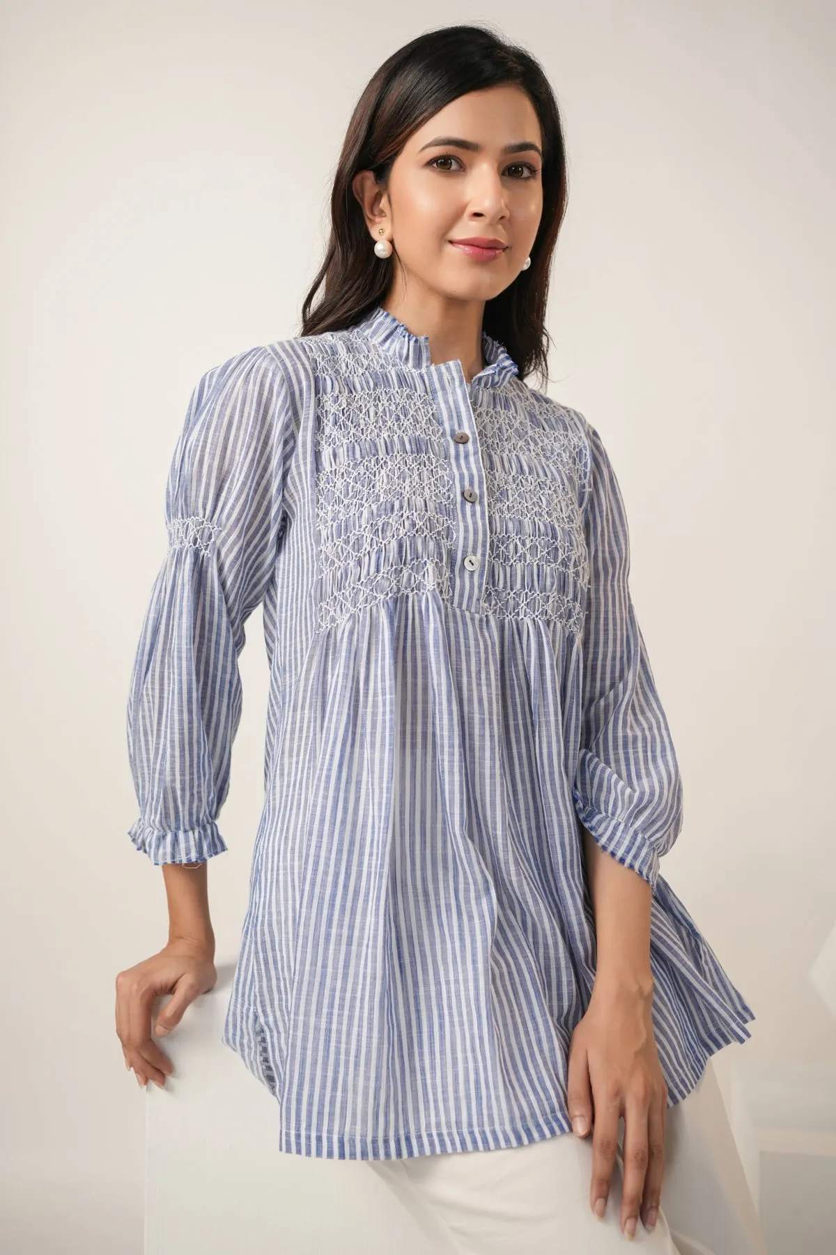 Jacki Blue Cotton Pintucks Detailing Stripes Shirt Only