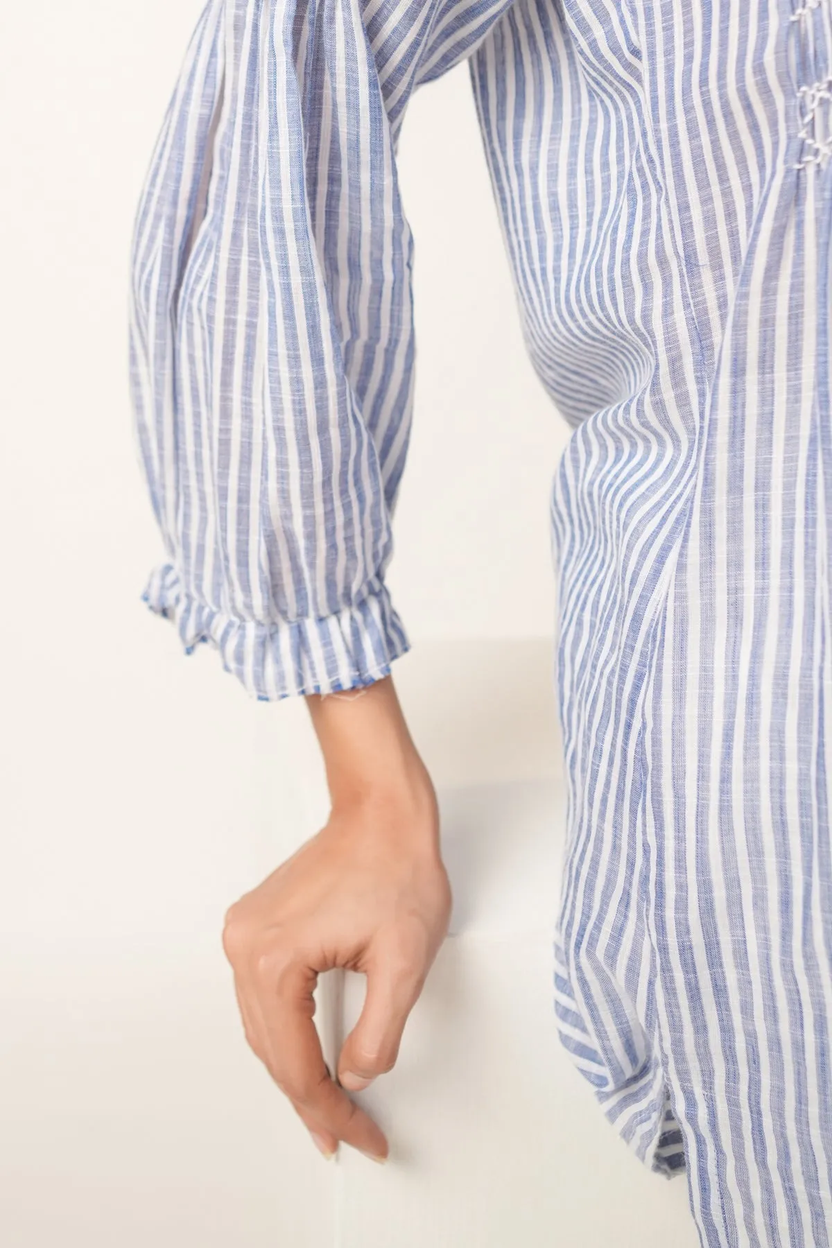 Jacki Blue Cotton Pintucks Detailing Stripes Shirt Only