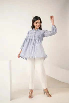 Jacki Blue Cotton Pintucks Detailing Stripes Shirt Only