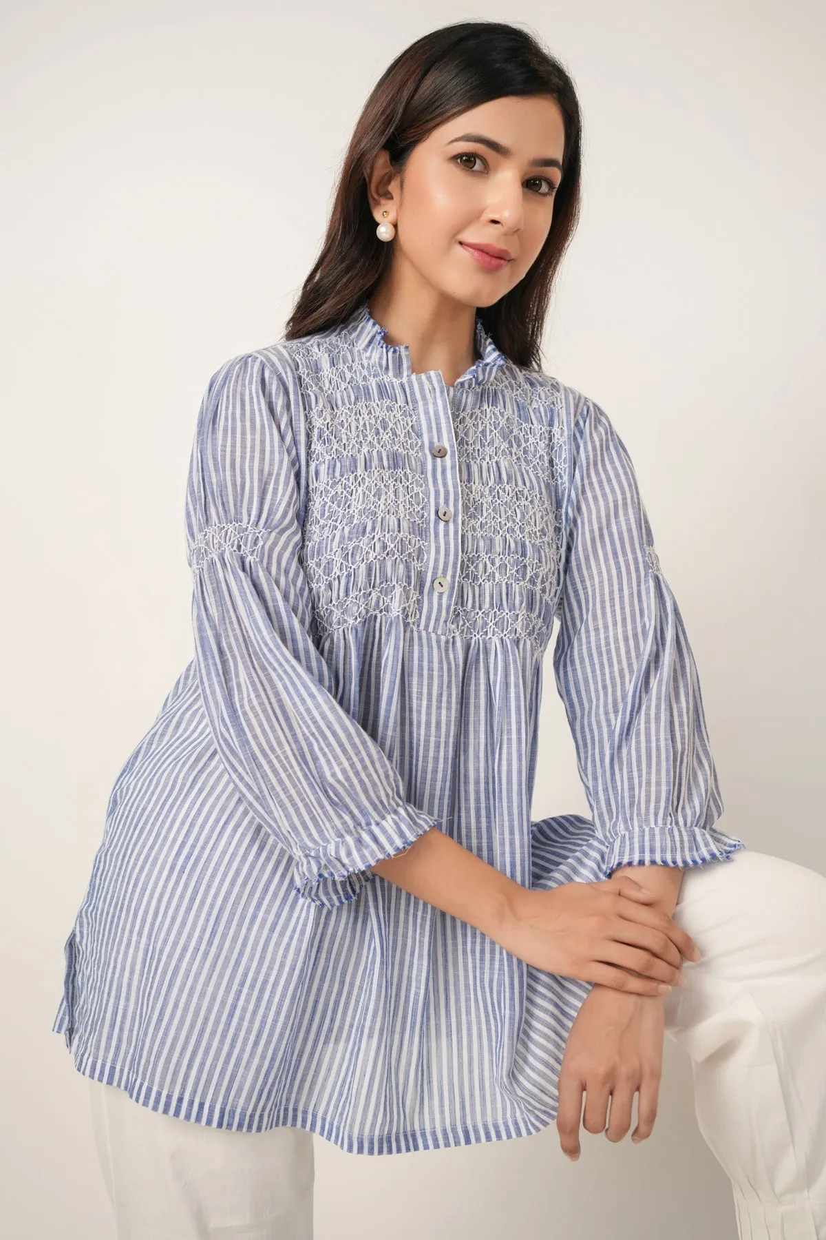 Jacki Blue Cotton Pintucks Detailing Stripes Shirt Only