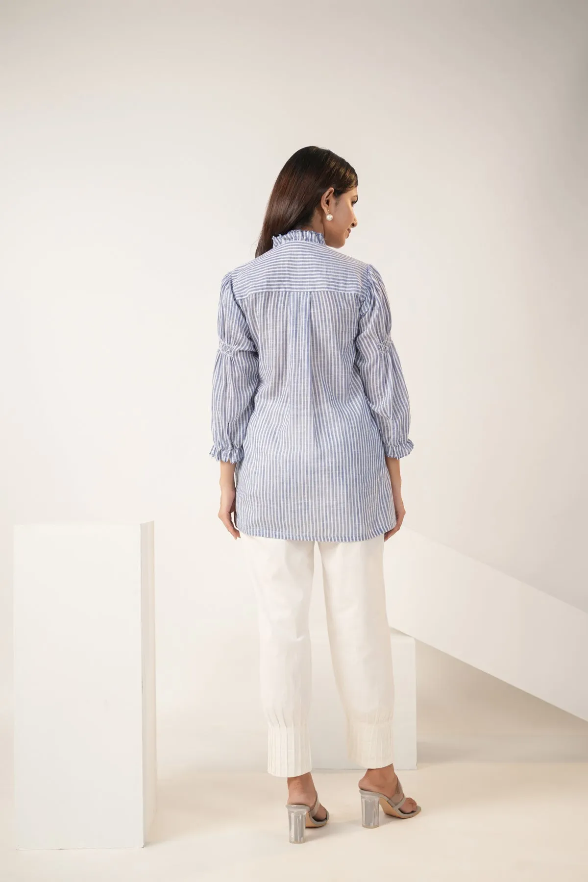 Jacki Blue Cotton Pintucks Detailing Stripes Shirt Only