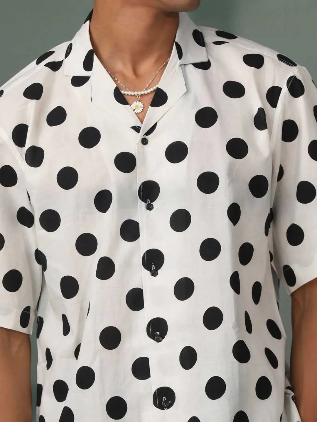 Jashvi Men's White And Black Polka Dot Print Cotton Shirt