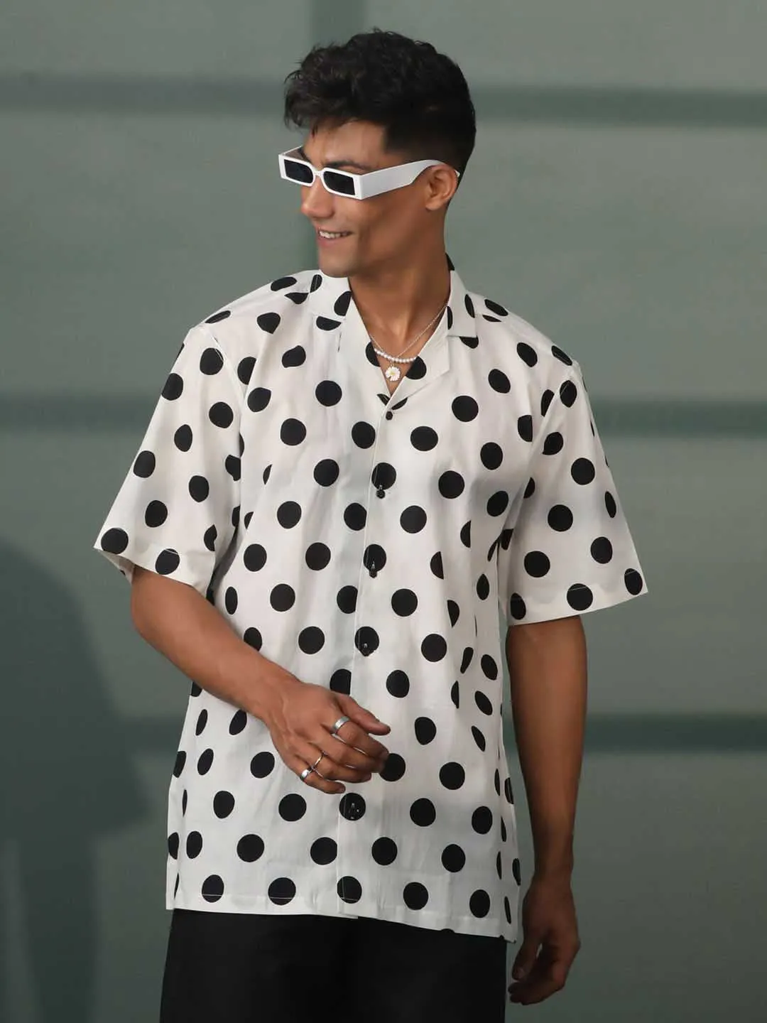 Jashvi Men's White And Black Polka Dot Print Cotton Shirt