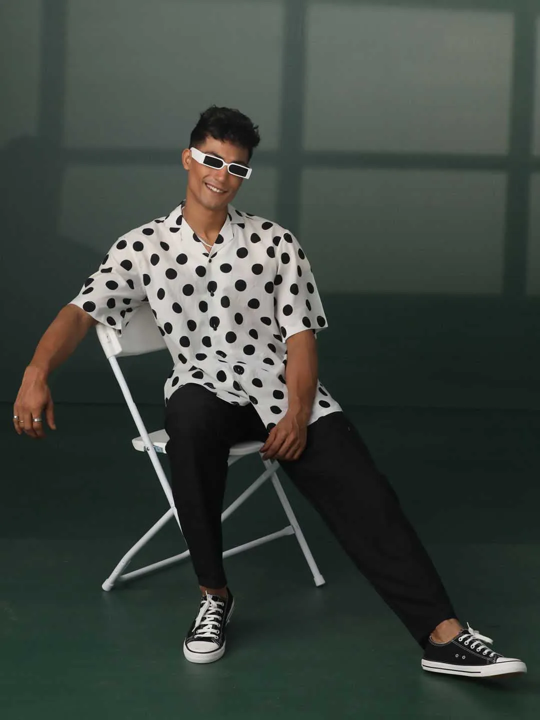 Jashvi Men's White And Black Polka Dot Print Cotton Shirt