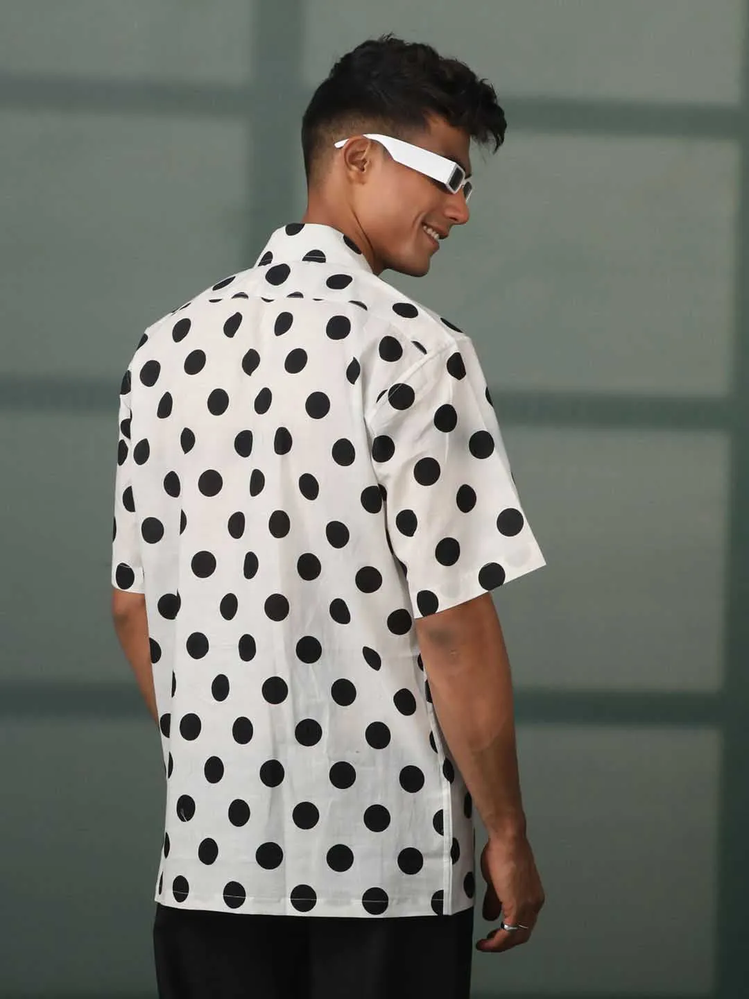 Jashvi Men's White And Black Polka Dot Print Cotton Shirt