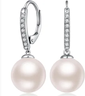 Jiamiao Sterling Silver Pearl Drop Earrings - 10mm Black/Pearl and Diamond Dangle Leverback Earrings for Women