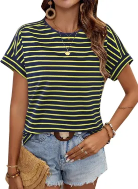 LilyCoco Womens Short Batwing Sleeve Striped Shirt Crew Neck Tops Casual Loose Fit Tee
