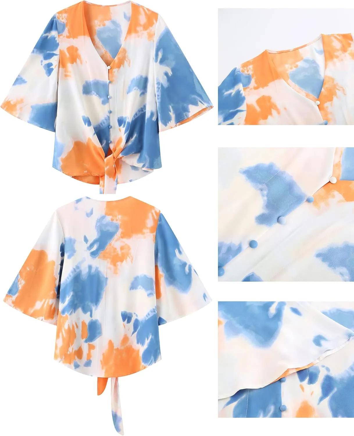 luvamia Women's V Neck Tops 3/4 Sleeve Tie Knot Floral Blouses Button Down Shirts