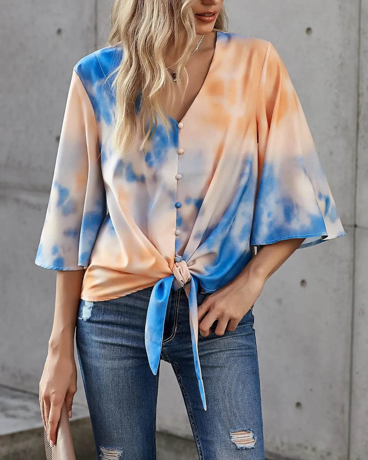 luvamia Women's V Neck Tops 3/4 Sleeve Tie Knot Floral Blouses Button Down Shirts