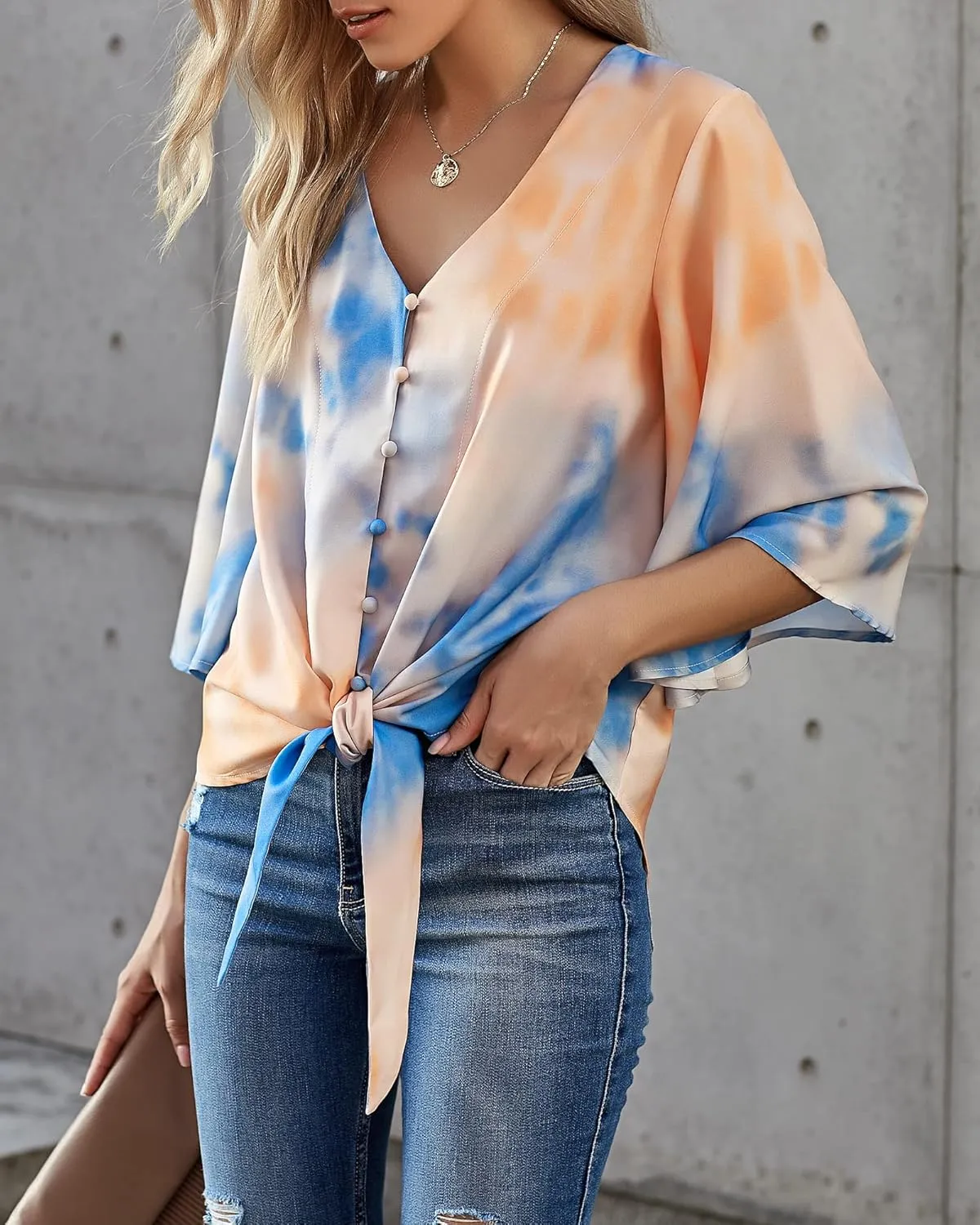 luvamia Women's V Neck Tops 3/4 Sleeve Tie Knot Floral Blouses Button Down Shirts