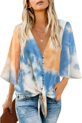 luvamia Women's V Neck Tops 3/4 Sleeve Tie Knot Floral Blouses Button Down Shirts