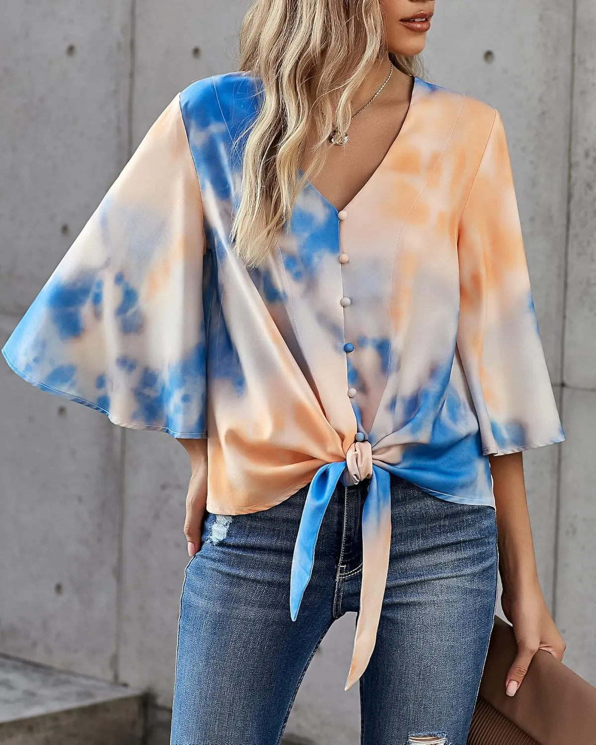 luvamia Women's V Neck Tops 3/4 Sleeve Tie Knot Floral Blouses Button Down Shirts