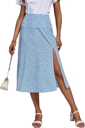 LYANER Women's Casual Boho Printed High Waist Side Split Hem Zipper Midi Skirt