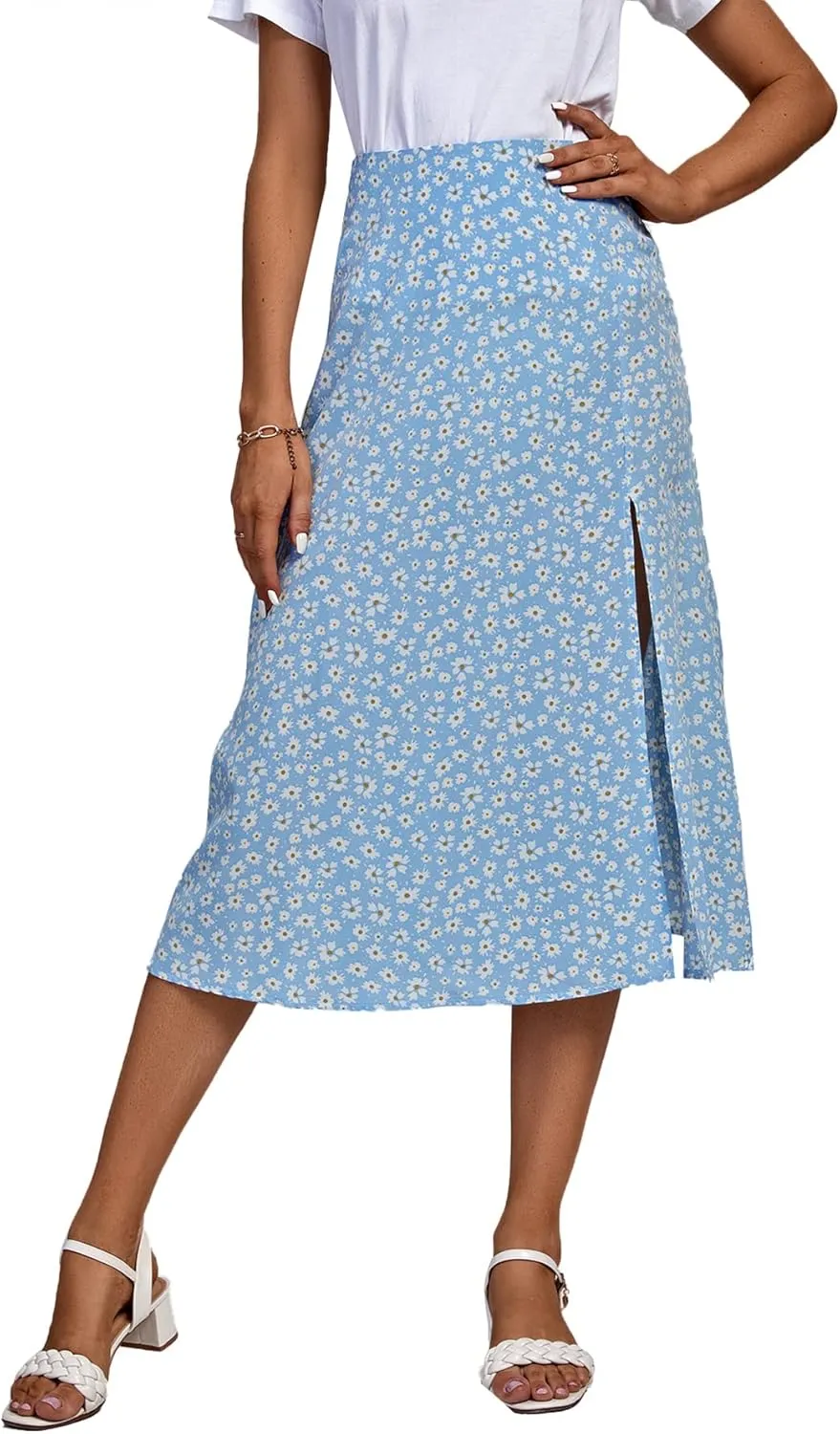 LYANER Women's Casual Boho Printed High Waist Side Split Hem Zipper Midi Skirt