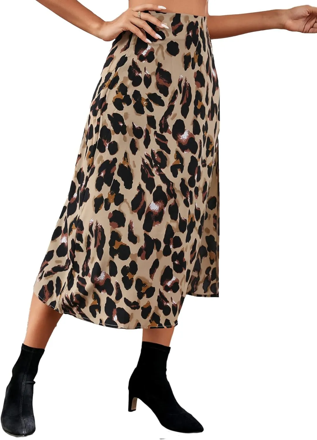 LYANER Women's Casual Boho Printed High Waist Side Split Hem Zipper Midi Skirt