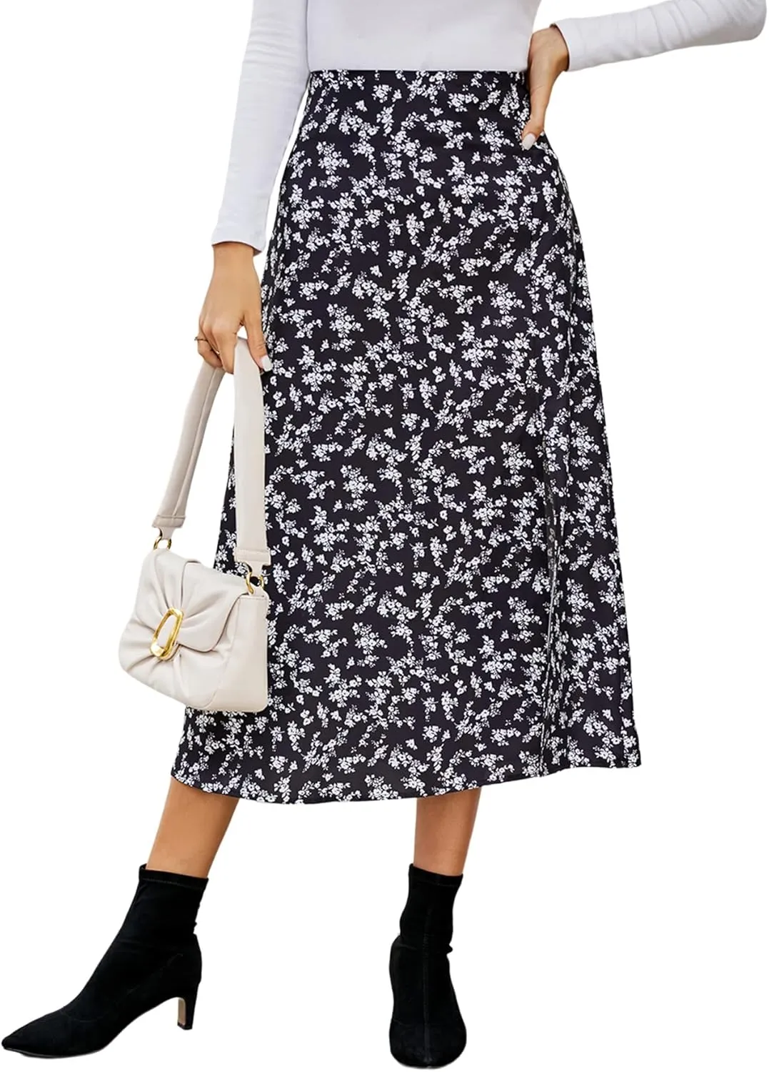 LYANER Women's Casual Boho Printed High Waist Side Split Hem Zipper Midi Skirt