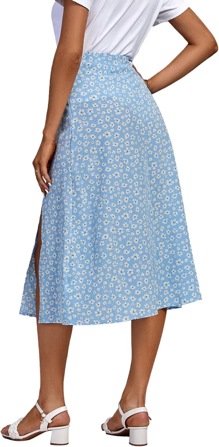LYANER Women's Casual Boho Printed High Waist Side Split Hem Zipper Midi Skirt