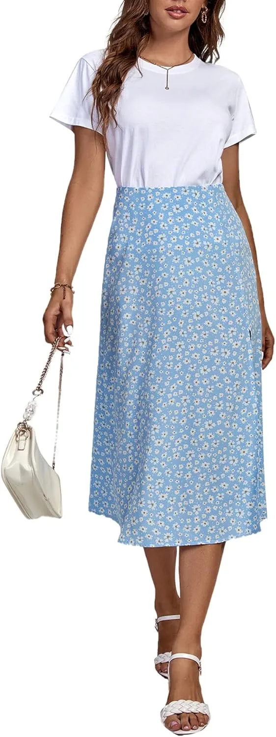 LYANER Women's Casual Boho Printed High Waist Side Split Hem Zipper Midi Skirt