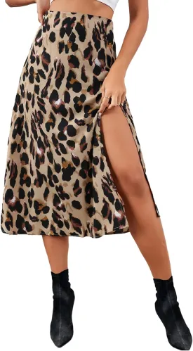 LYANER Women's Casual Boho Printed High Waist Side Split Hem Zipper Midi Skirt