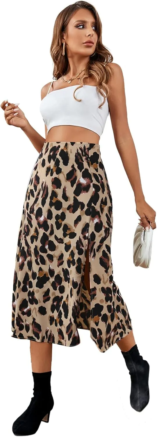 LYANER Women's Casual Boho Printed High Waist Side Split Hem Zipper Midi Skirt