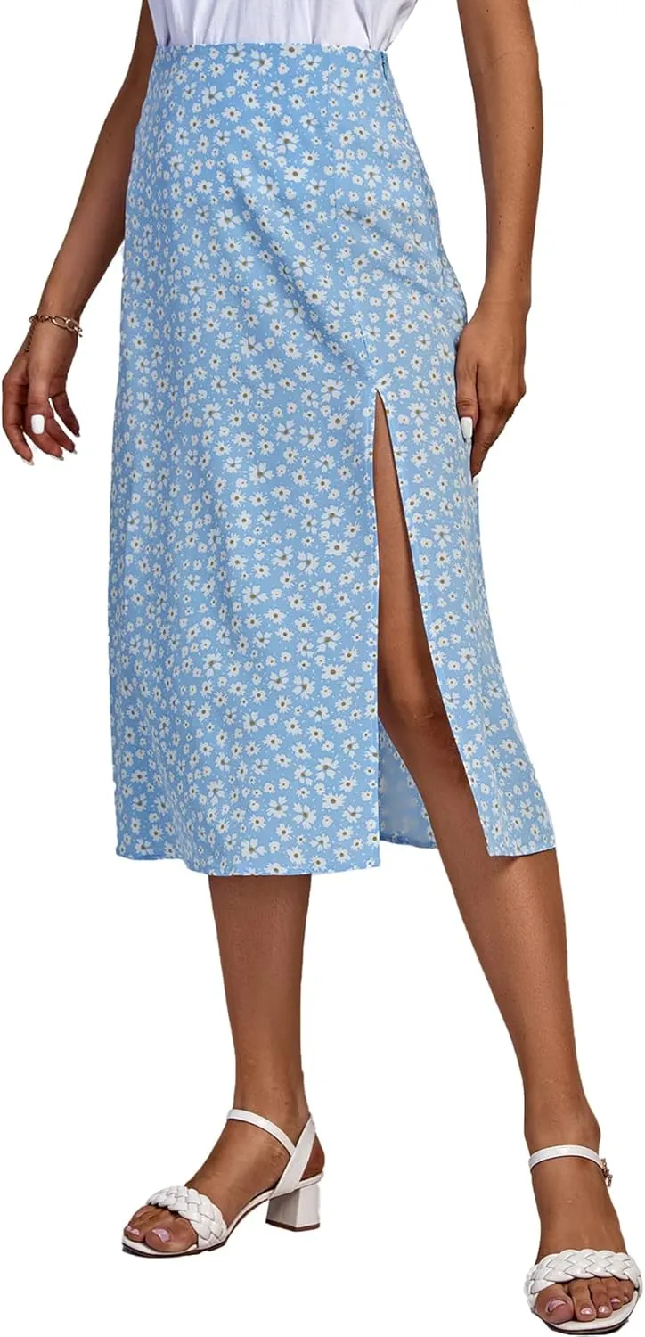 LYANER Women's Casual Boho Printed High Waist Side Split Hem Zipper Midi Skirt