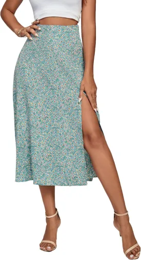 LYANER Women's Casual Boho Printed High Waist Side Split Hem Zipper Midi Skirt