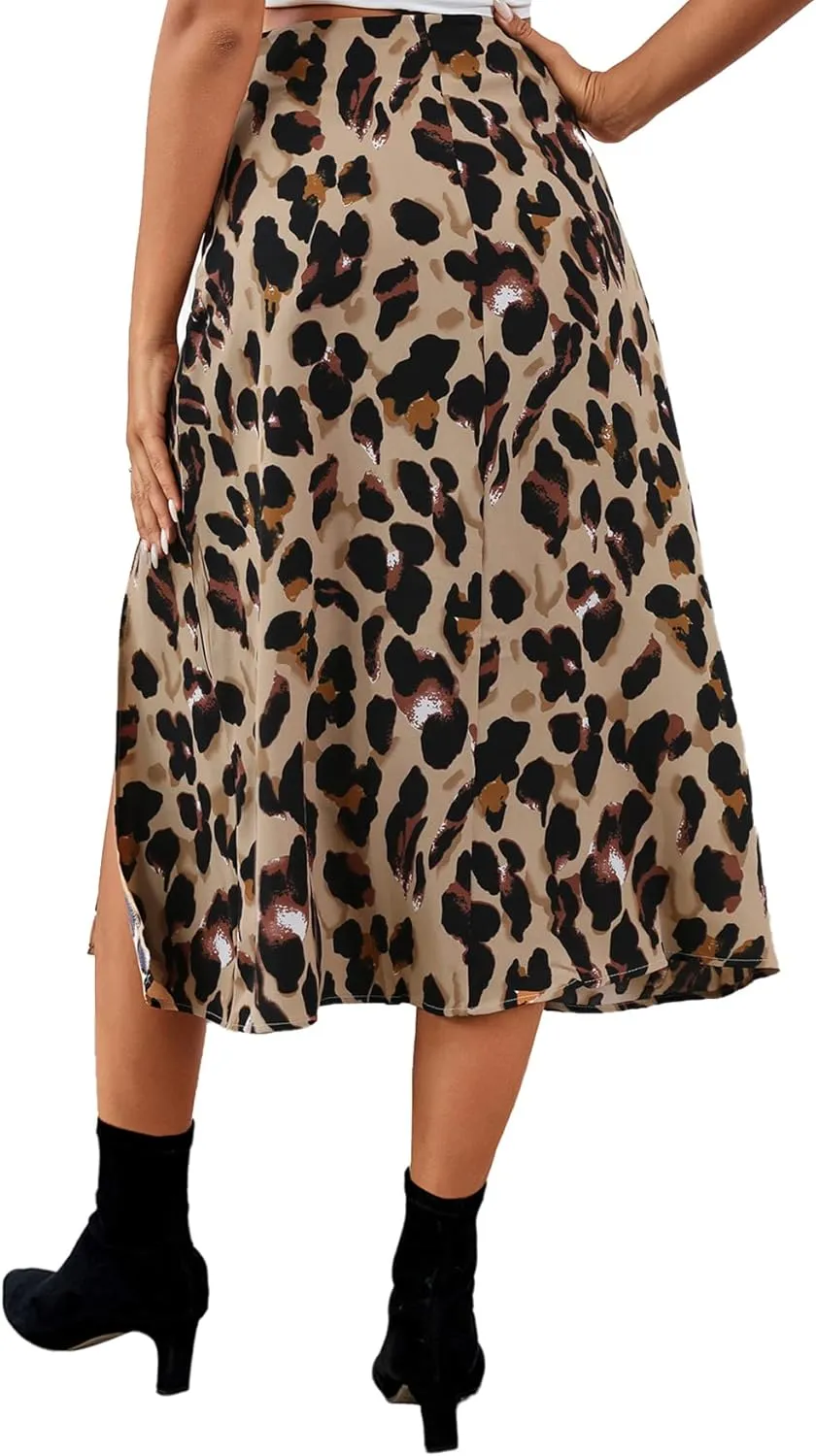 LYANER Women's Casual Boho Printed High Waist Side Split Hem Zipper Midi Skirt
