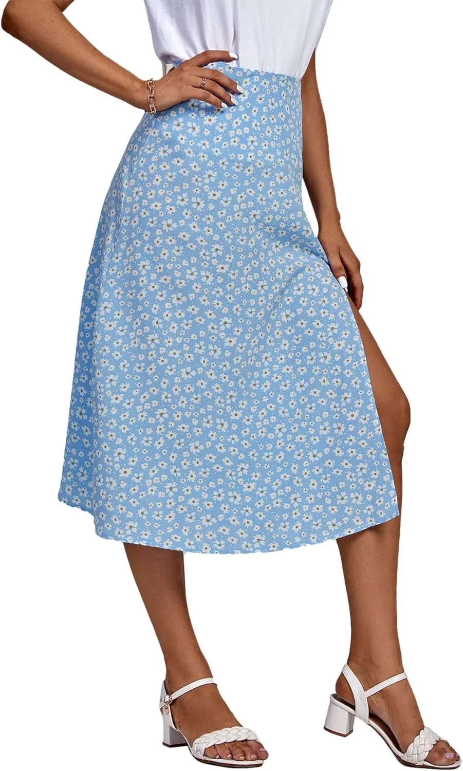 LYANER Women's Casual Boho Printed High Waist Side Split Hem Zipper Midi Skirt
